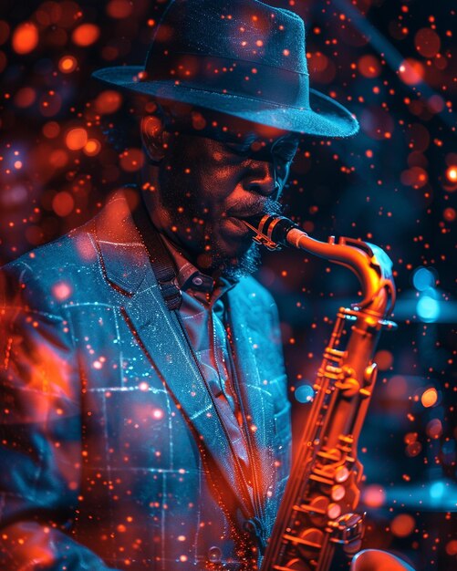 Foto um músico tocando saxofone em uma banda de jazz em wallpaper