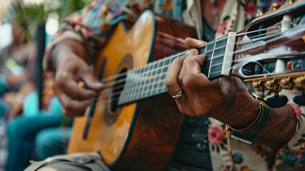 Um músico tocando uma guitarra acústica O foco é nas mãos dos guitarristas e na guitarra O guitarrista está vestindo uma camisa colorida