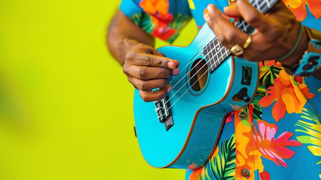 Foto um músico vestindo uma camisa tropical está tocando um ukulele azul