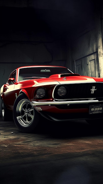 Um mustang vermelho está estacionado em uma garagem com a palavra ford na frente.