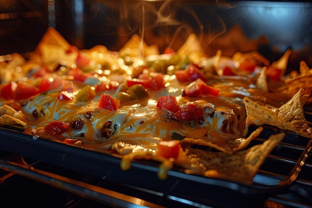 Um nachos derretendo no forno com tortilla chips queijo e salsa