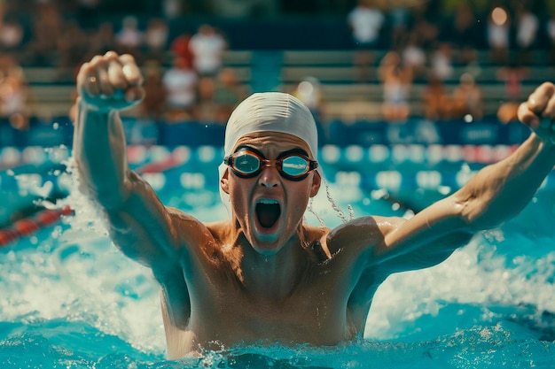 Um nadador celebra a vitória de uma corrida em uma piscina com bancadas cheias de espectadores