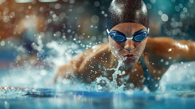 Um nadador está usando óculos de proteção e um chapéu enquanto mergulha em uma piscina de água
