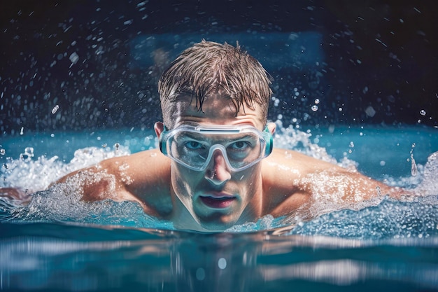 Um nadador profissional em ação cortando a água com precisão e velocidade em uma piscina Óculos de proteção e determinação definem essa busca atlética