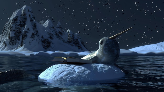 Foto um narval mágico está flutuando em um gelo flutuante no oceano ártico