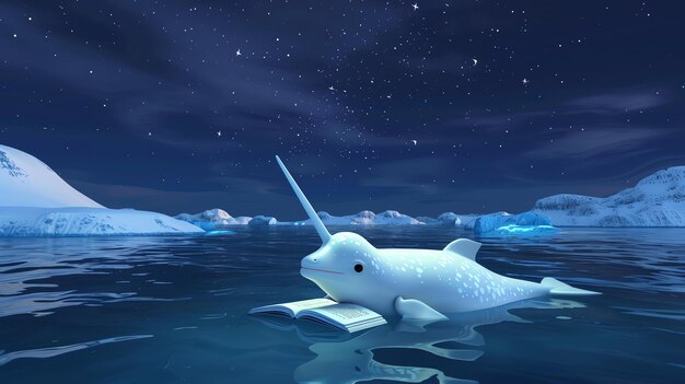 Foto um narval mágico lê um livro no mar ártico sob as estrelas.
