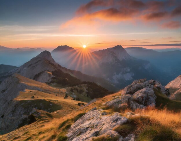 Foto um nascer de sol épico nas montanhas com uma bela vista