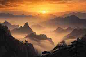 Foto um nascer de sol laranja vibrante sobre as majestosas montanhas huangshan uma paisagem generativa da natureza