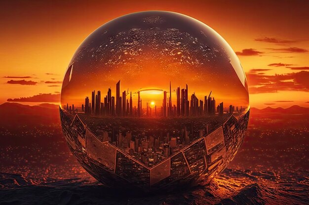 Foto um nascer do sol ardente sobre um globo com o horizonte de uma cidade em primeiro plano