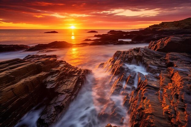 Foto um nascer do sol brilhante sobre uma costa rochosa