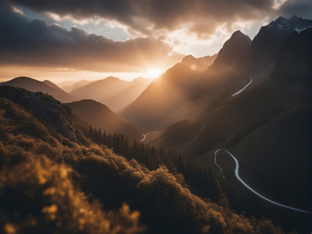 Um nascer do sol cênico nas altas montanhas dos Alpes