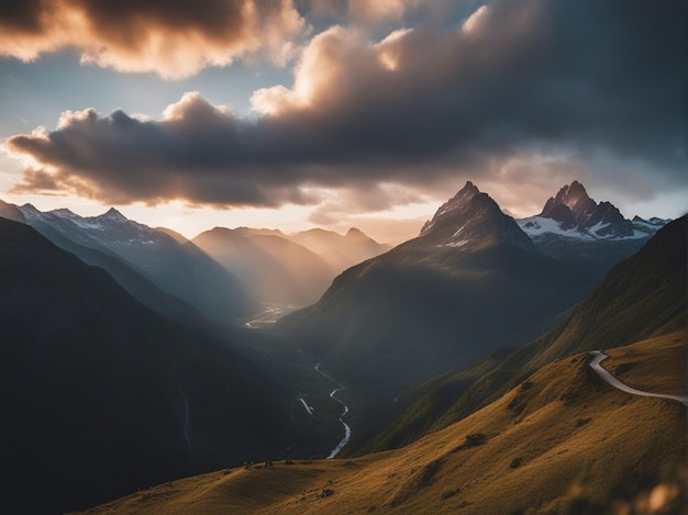 Um nascer do sol cênico nas altas montanhas dos Alpes