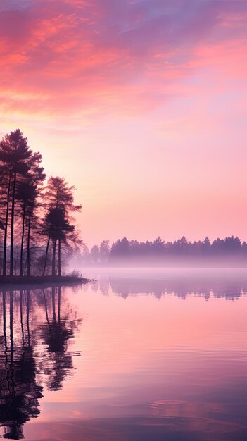um nascer do sol colorido com um lago e árvores ao fundo