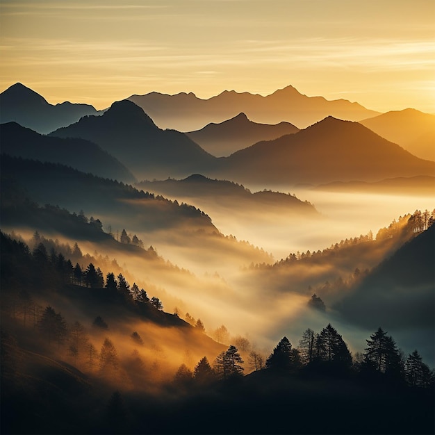 um nascer do sol com árvores e montanhas ao fundo