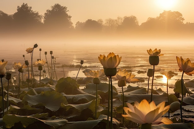 Um nascer do sol com flores de lótus em primeiro plano