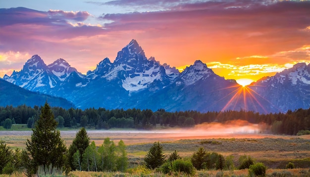 Foto um nascer do sol épico no parque nacional grand teton no verão imagem tem espaço para copiar