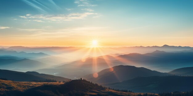 um nascer do sol lançando tons sobre majestosas montanhas e vales IA gerativa