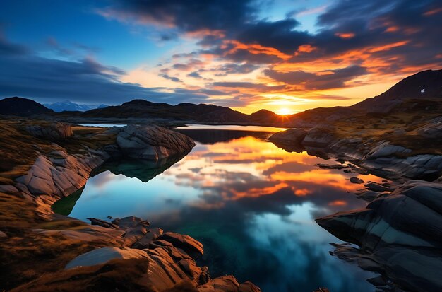 Foto um nascer do sol nas montanhas sobre um corpo de água gerador de ia