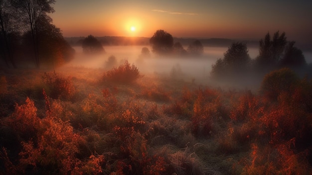 Um nascer do sol nebuloso nas montanhas com o sol se pondo no horizonte.