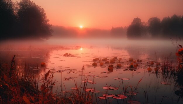 Foto um nascer do sol nebuloso sobre um lago com um lago e nenúfares na água.