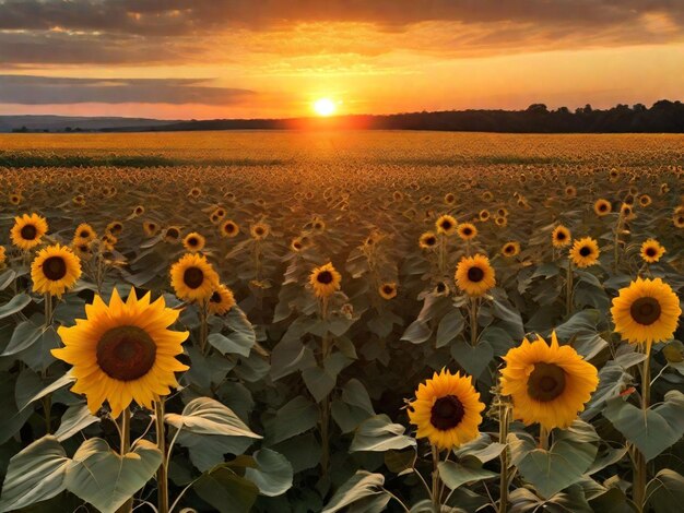 Um nascer do sol sobre um campo de girassóis