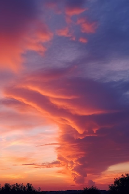 Um nascer do sol sobre um campo de nuvens e grama no estilo de laranja claro e magenta escuro