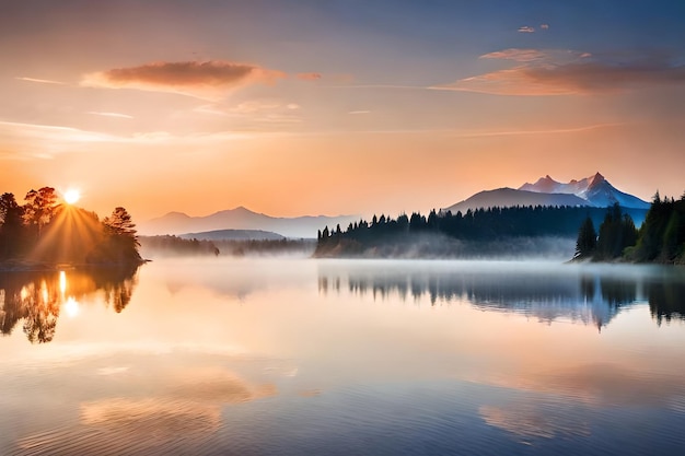 Um nascer do sol sobre um lago com montanhas ao fundo.
