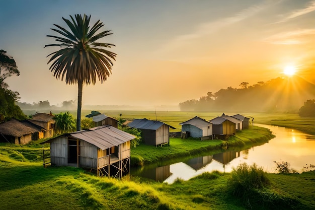 um nascer do sol sobre uma aldeia com uma palmeira ao fundo.