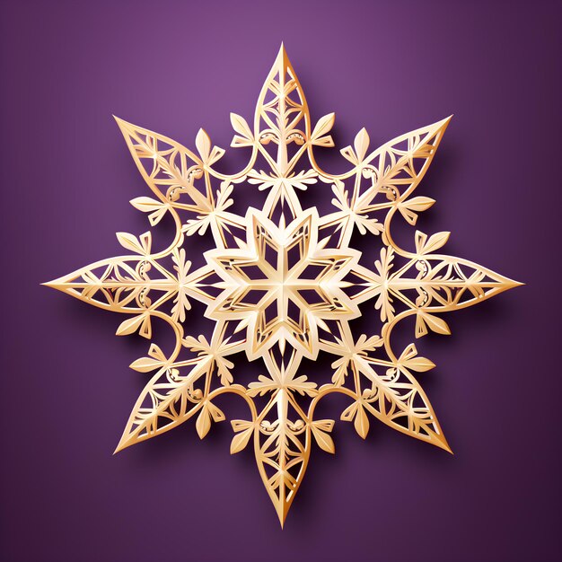 Um Natal dourado em 3D feito de flocos de neve em um fundo roxo