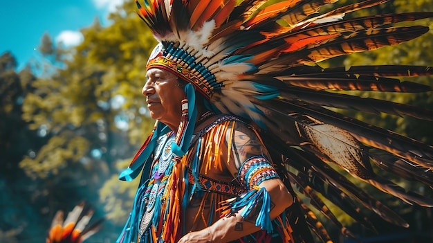 Foto um nativo americano vestindo um tocado tradicional e vestidos coloridos está em frente a um fundo borrado de árvores