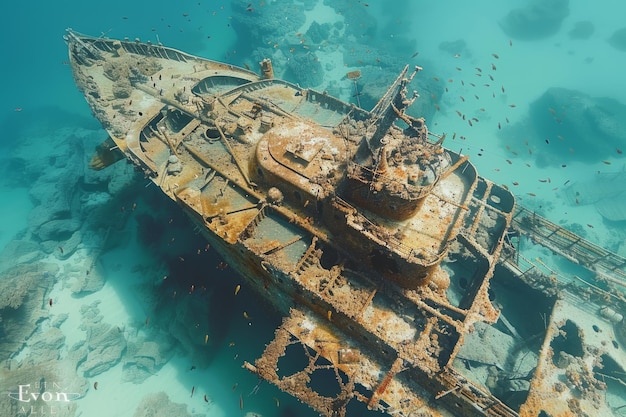 Um naufrágio é visto no oceano com um monte de detritos e peixes nadando em torno dele cena é assustadora e