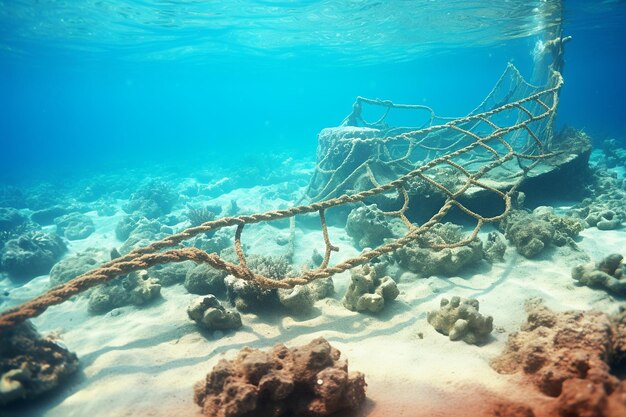 Foto um naufrágio enredado numa teia de corais no fundo arenoso do oceano