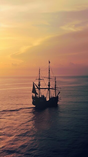 Foto um navio a navegar no mar ao pôr-do-sol