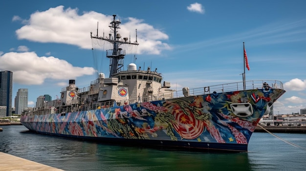 Um navio com um padrão floral pintado nele