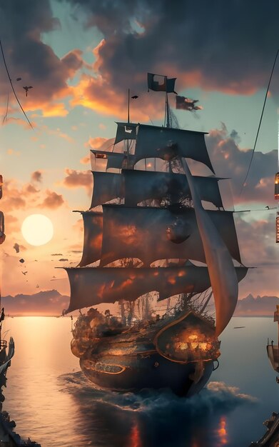 Foto um navio com um sinal vermelho que diz pirata na parte de baixo