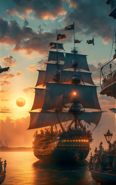 Foto um navio com uma vela na parte superior e a palavra pirata na parte inferior