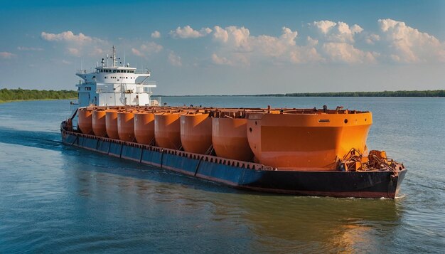 Um navio de carga está navegando no rio