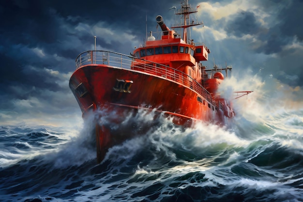 Um navio de carga ou pesca é pego por uma forte tempestade Navio no mar em grandes ondas A ameaça de naufrágio Elemento no oceano O trabalho árduo de um marinheiro