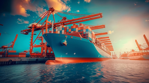 Um navio de contêineres atracado num porto movimentado, simbolizando a interligação do comércio mundial