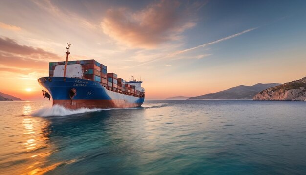 Foto um navio de contêineres azul e vermelho está navegando no oceano