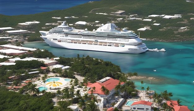 Foto um navio de cruzeiro está atracado em uma baía com uma piscina verde