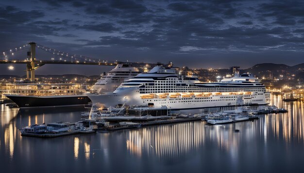 Foto um navio de cruzeiro está atracado em uma marina com uma cidade ao fundo