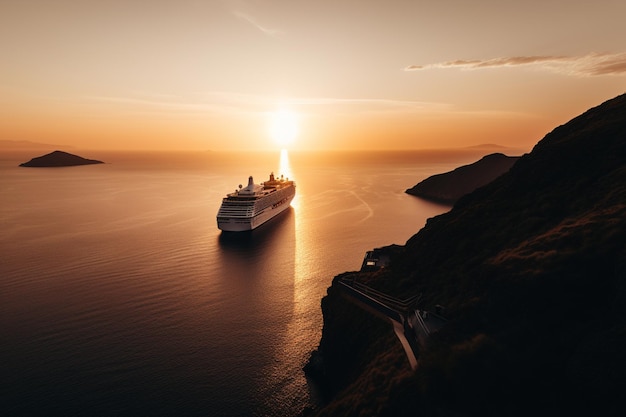 Um navio de cruzeiro no mar ao pôr do sol