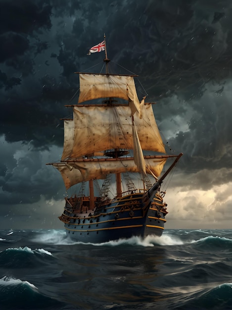 Um navio de guerra inglês do século XVII a navegar pelo oceano.