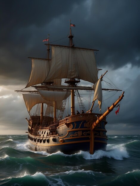 Um navio de guerra inglês do século XVII a navegar pelo oceano.
