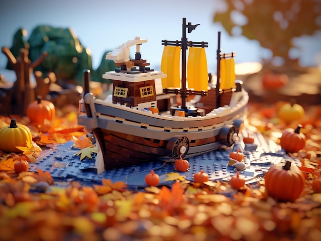 Um navio de lego fica em um chão coberto de folhas com abóboras.