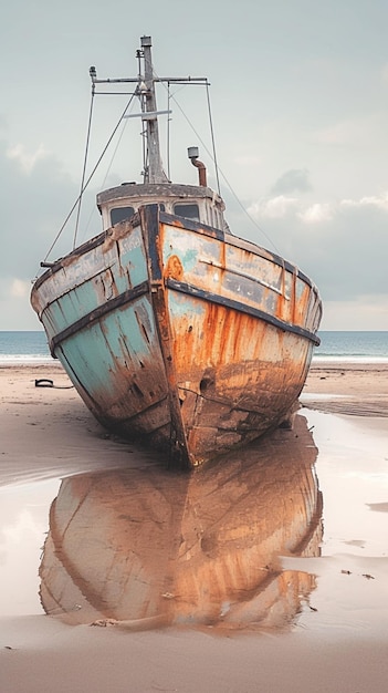 Um navio de pesca desgastado na praia ecoa histórias de aventuras marítimas passadas Vertical Mobile Wal