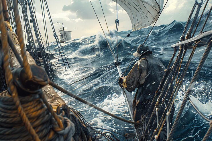 Foto um navio está navegando no oceano com um homem na parte de trás
