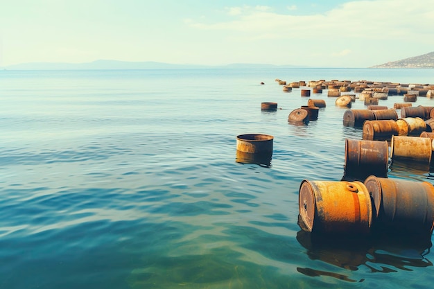 Um navio joga barris de petróleo no mar