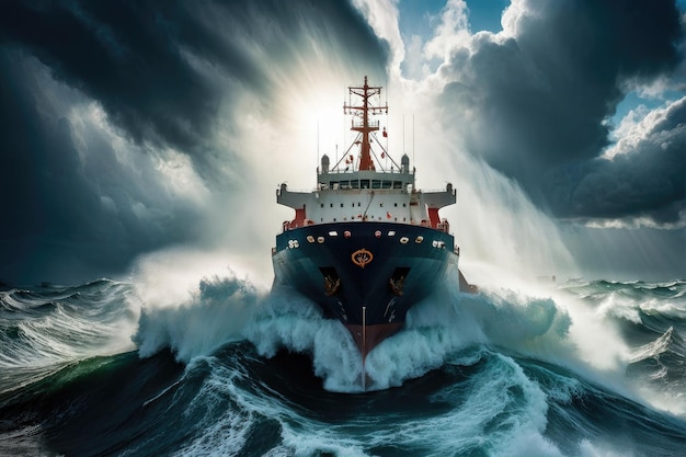 Foto um navio lutando contra mares agitados durante uma tempestade